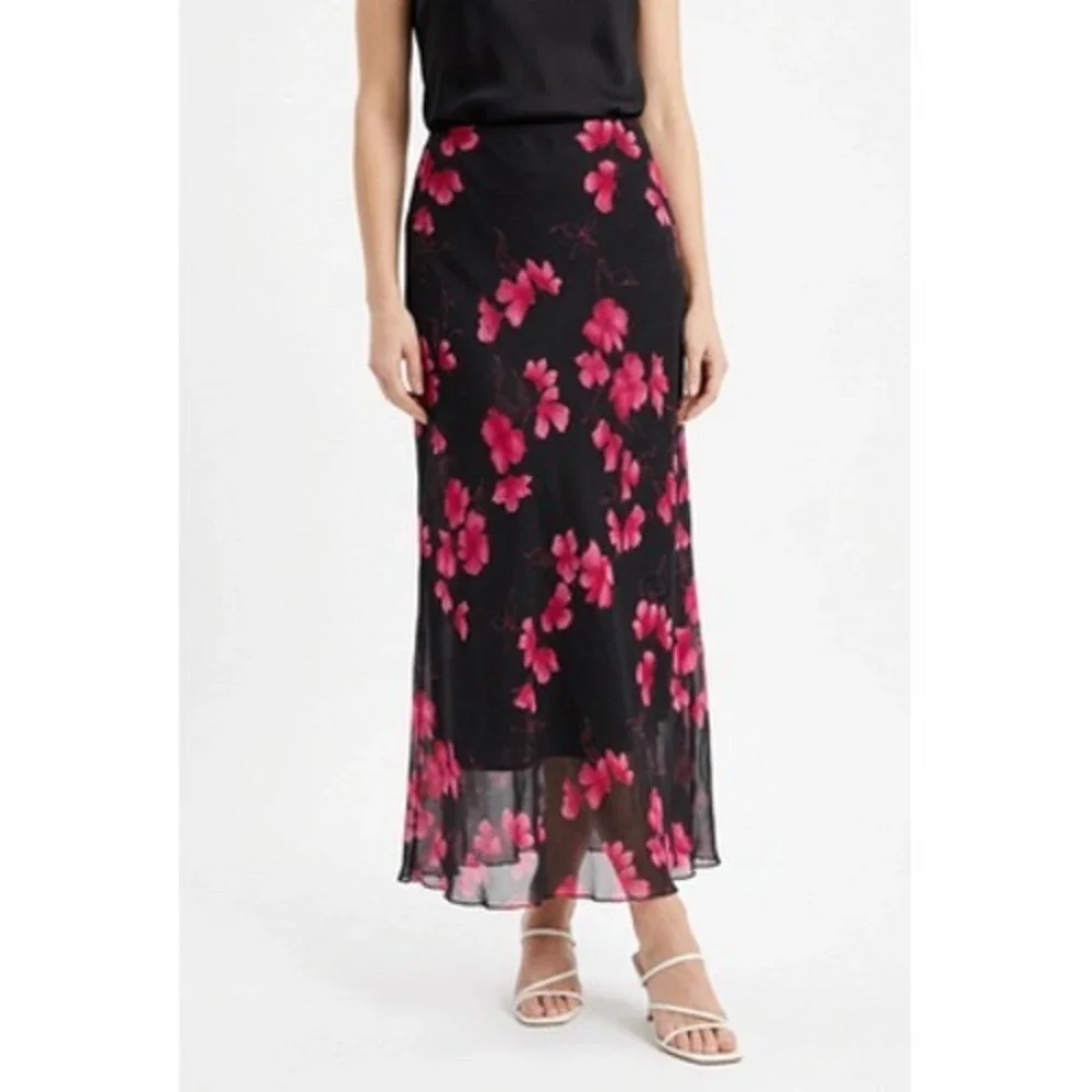 VTG Dark Romantic 90s Y2K Skirt M Black Floral Chiffon Maxi A-Line Whimsigoth